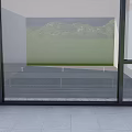 Residential Building Balcony With Glass Doors Gray Tiled Floor And Green Mountain View