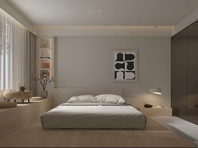 Modern Minimalist Hotel Guest Room Interior With King Bed Wall Art And Floor Lamp 3d model