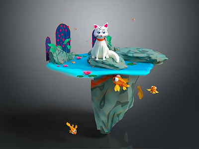 Whimsical 3D Floating Island Scene With White Cat Colorful Mushrooms And Small Fish 3d model