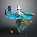 Whimsical 3D Floating Island Scene With White Cat Colorful Mushrooms And Small Fish