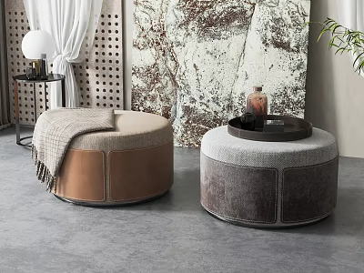 Two Round Leather and Velvet Poufs Beige Brown Gray with Decorative Painting and Floor Lamp 3d model