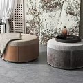 Two Round Leather and Velvet Poufs Beige Brown Gray with Decorative Painting and Floor Lamp