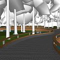 Scenic Winding Forest Road Facilities With Metal Grid Surface Wooden Railings And Water Area