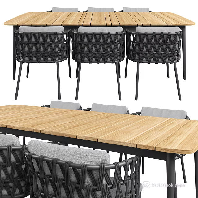 Modern Dining Table Set With Wooden Tabletop And Black Frame Woven Chairs Gray Cushions 3d model 