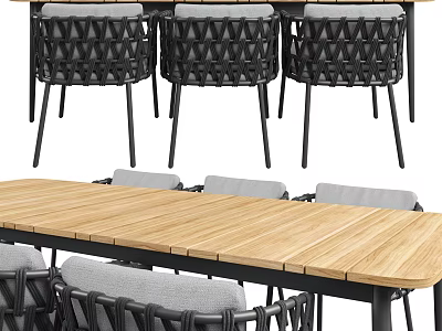 Modern Dining Table Set With Wooden Tabletop And Black Frame Woven Chairs Gray Cushions 3d model