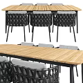 Modern Dining Table Set With Wooden Tabletop And Black Frame Woven Chairs Gray Cushions