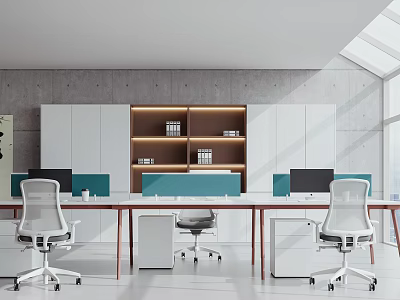 Modern Public Office Interior With Long Desk White Gray Chairs And Large Windows 3d model