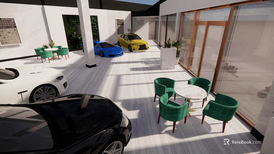 Car Dealership 4S Store New Vehicles on Display Outdoor Lounge Green Chairs White Tables 3d model 