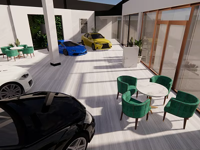 Car Dealership 4S Store New Vehicles on Display Outdoor Lounge Green Chairs White Tables 3d model