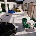 Car Dealership 4S Store New Vehicles on Display Outdoor Lounge Green Chairs White Tables