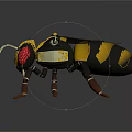 Yellow And Black Mechanical Bee With Transparent Wings Red Eyes Metallic Legs On Dark Background