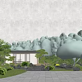 Modern Garden Landscape With Stone Pathway Pine Trees And Traditional House