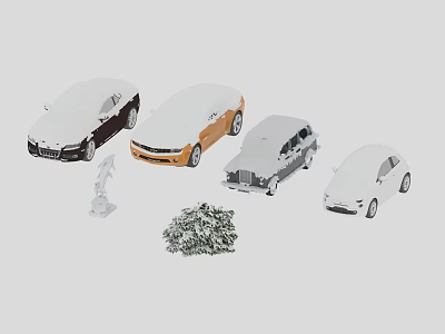 Multiple Snow Covered Cars With Small Christmas Tree And Snow Decorations In Winter Scene 3d model
