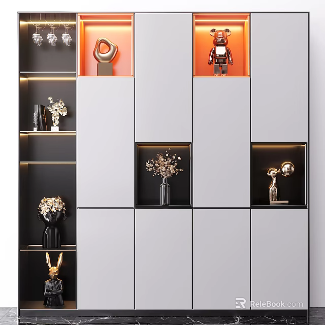 Modern Decorative Cabinet With Shelves Displaying Decorative Items And Ambient Lighting 3d model 