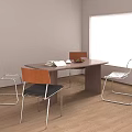 Wooden Table and Chair Set with Orange Back Transparent Chairs Metal Legs and Fruit Plate