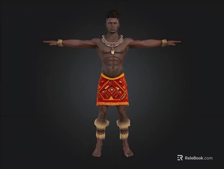 Traditional Male Figure In Red Patterned Skirt With Necklace Bracelets And Arm Outstretched 3d model 