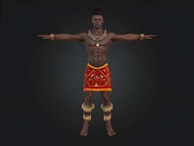 Traditional Male Figure In Red Patterned Skirt With Necklace Bracelets And Arm Outstretched 3d model
