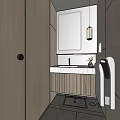 Modern Public Restroom Interior With Sink Counter Large Mirror And Wooden Cabinets