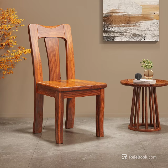 Solid Wood Dining Chair With Natural Wood Grain And Small Round Side Table 3d model