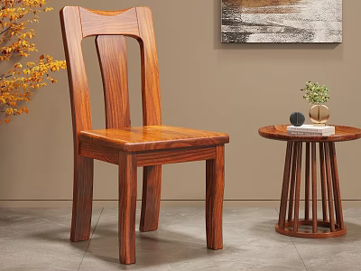 Solid Wood Dining Chair With Natural Wood Grain And Small Round Side Table 3d model