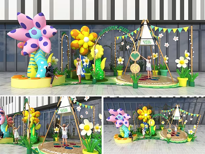 Colorful Flower Balloon Decorations For Outdoor Kids Play Area With Arch And Flags 3d model