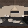 Modern Living Room Interior Design With Wooden Ceiling Pendant Light Beige Walls And Round Tables