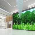 Modern Lobby Interior With Large Screen Displaying Green Grass Tech Elements Gears And Circular Symbols 3d model