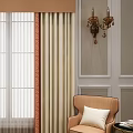 Elegant Beige Curtains with Orange Trim Valance in Living Room with Green Plant and Armchair