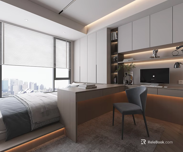 Tatami Bedroom Interior Design With Large Window City View Desk Chair And White Cabinets 3d model 