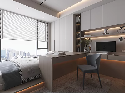 Tatami Bedroom Interior Design With Large Window City View Desk Chair And White Cabinets 3d model