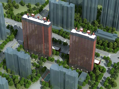 Red High Rise Residential Buildings Surrounded By Green Trees And Urban Environment 3d model
