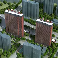 Red High Rise Residential Buildings Surrounded By Green Trees And Urban Environment