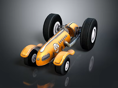 Orange Vintage Race Car With Large Black Wheels And Classic Logo Design 3d model