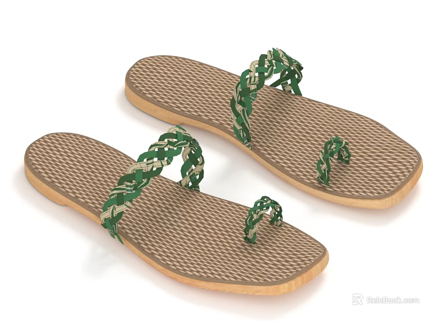 Casual Summer Flip Flops With Green Braided Straps And Brown Grid Patterned Sole 3d model