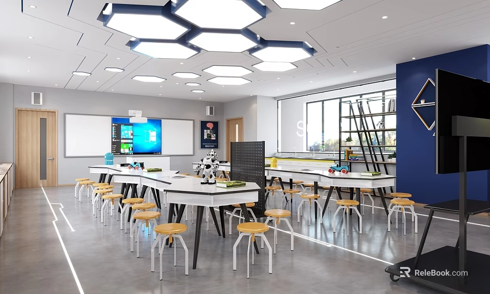 Modern School Classroom With White Tables Yellow Chairs Hexagonal Lights And Smart Whiteboard 3d model 