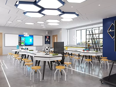 Modern School Classroom With White Tables Yellow Chairs Hexagonal Lights And Smart Whiteboard 3d model