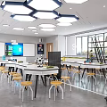 Modern School Classroom With White Tables Yellow Chairs Hexagonal Lights And Smart Whiteboard