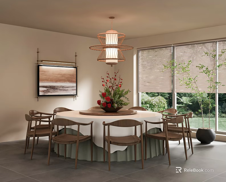 Cozy Private Dining Room With Round Table White Tablecloth Brown Chairs Chandelier And Wall Art 3d model 