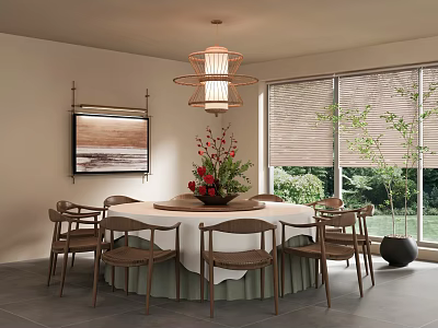 Cozy Private Dining Room With Round Table White Tablecloth Brown Chairs Chandelier And Wall Art 3d model