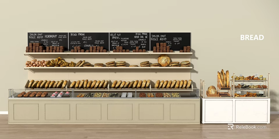 Bakery Glass Display Counter With Assorted Breads Pastries And Menu Blackboard 3d model