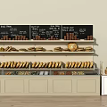 Bakery Glass Display Counter With Assorted Breads Pastries And Menu Blackboard 3d model