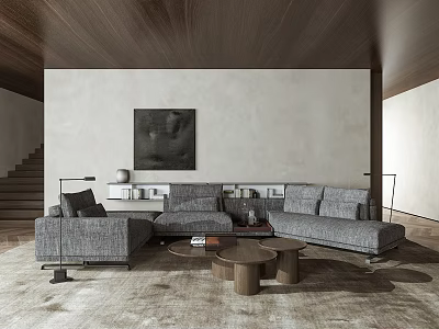 Modern Gray Sectional Sofa With Wooden Coffee Tables And Wall Artwork 3d model