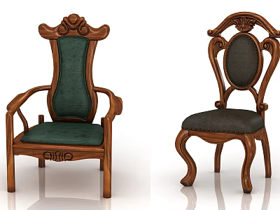 Classical Wooden Accent Chair Featuring Carved Details And Upholstered Green Dark Fabric 3d model