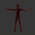 3D Character In Black Bodysuit With Black Helmet And Arms Outstretched On Gray Background