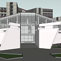 Modern Architectural Building With Glass Curtain Walls Arched Structure And Platform Near High Rise Buildings