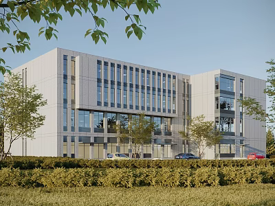 Modern Office Building With Glass Windows Surrounding Trees And Landscaped Greenery 3d model