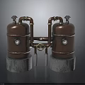 Copper Cylindrical Tanks With Interconnected Brass Pipes And Concrete Bases