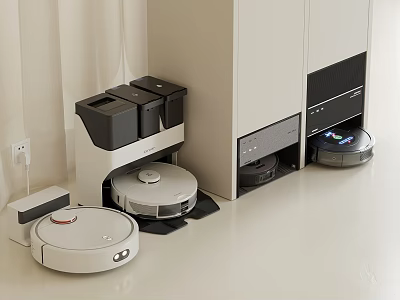 Smart Robotic Vacuum Cleaners With Charging Station And Storage Rack 3d model