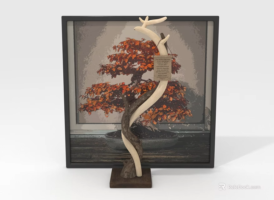 Bonsai Tree With Red Leaves Curved Trunk Deer Antler Ornament Black Frame And Wooden Base 3d model 