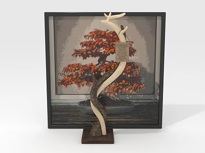 Bonsai Tree With Red Leaves Curved Trunk Deer Antler Ornament Black Frame And Wooden Base 3d model